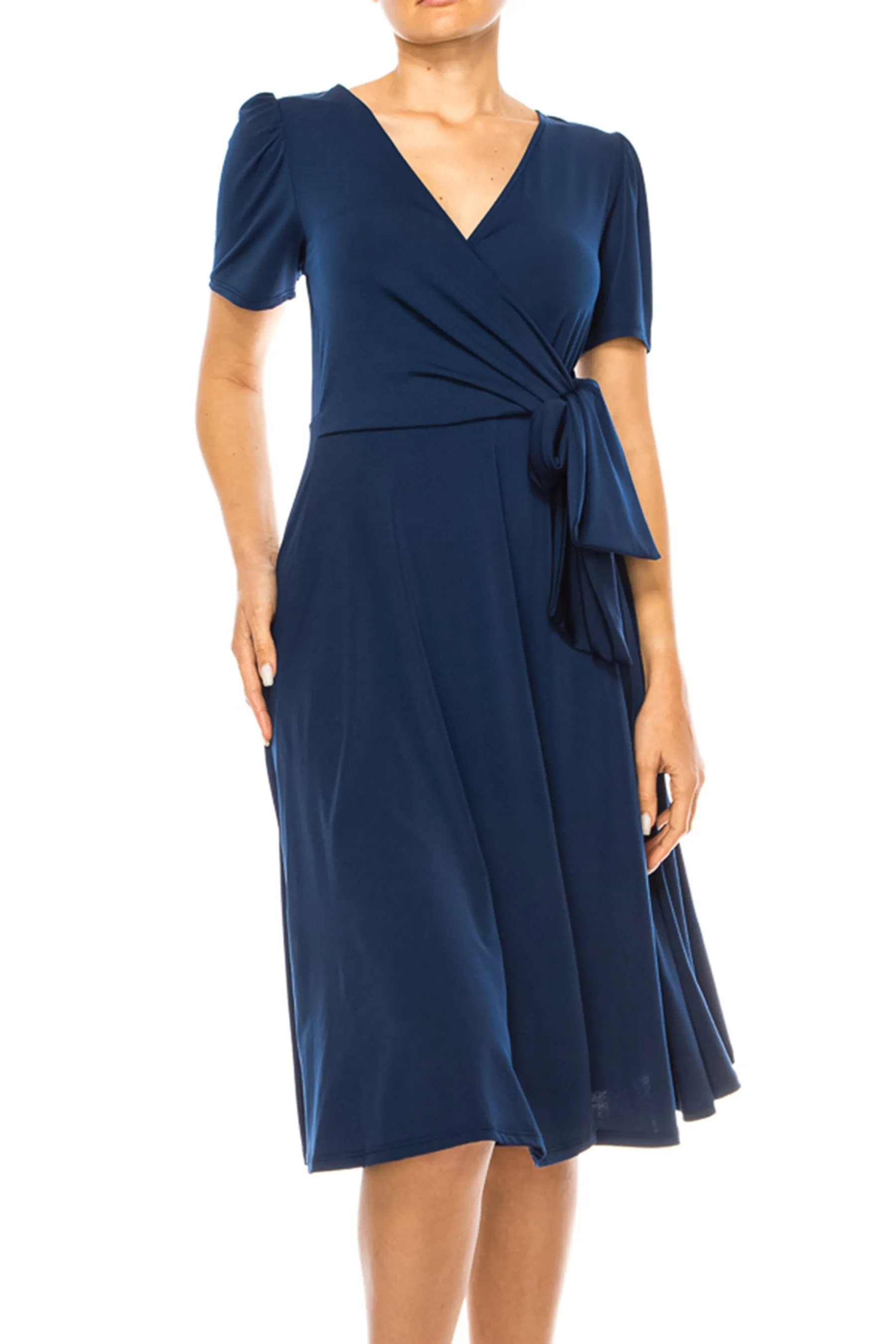 Women's Stylish Solid Faux Wrap Dress with Deep V-Neck
