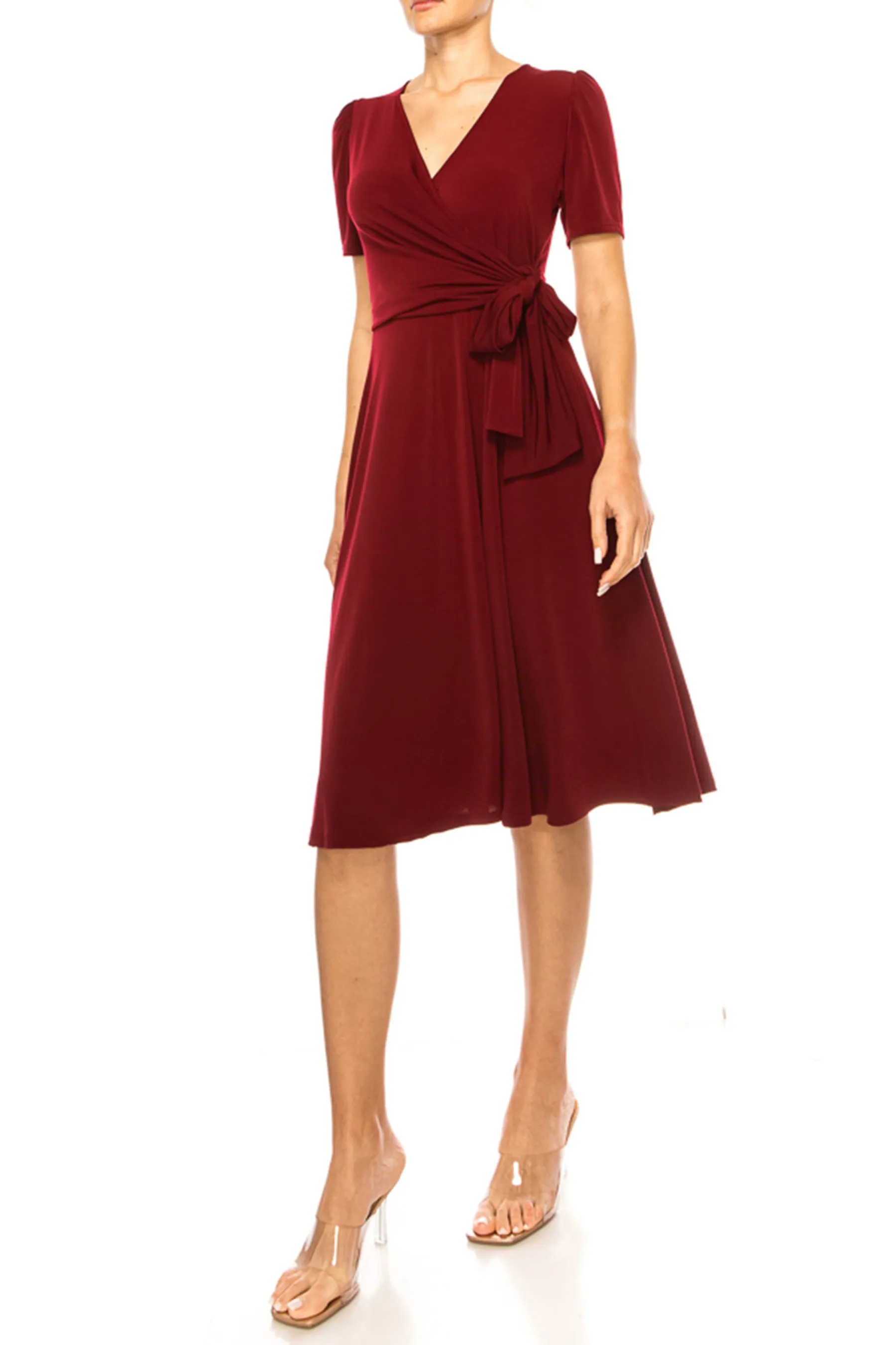 Women's Stylish Solid Faux Wrap Dress with Deep V-Neck