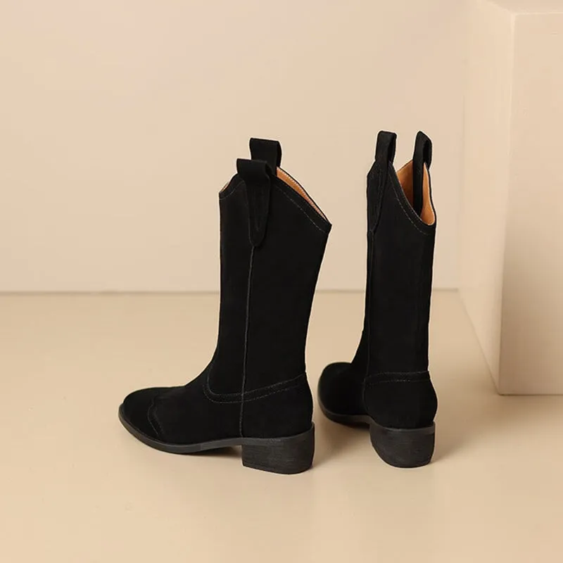 Women's Suede Leather Mid Calf Cowboy Boots Western Boots in Black/Camel