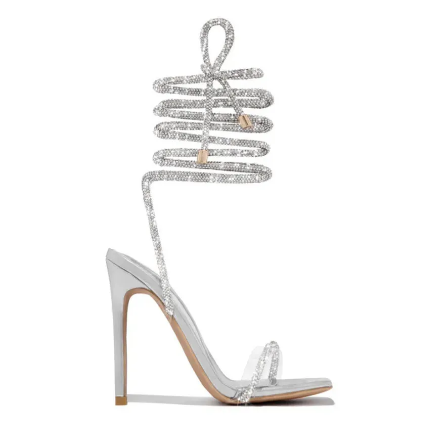 Women's Summer Rhinestone Gladiator Sandals – Lace-Up High Heels, Square Toe Party Shoes