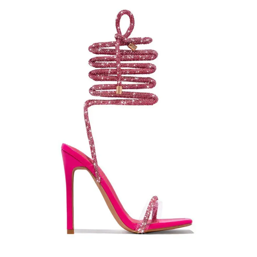 Women's Summer Rhinestone Gladiator Sandals – Lace-Up High Heels, Square Toe Party Shoes