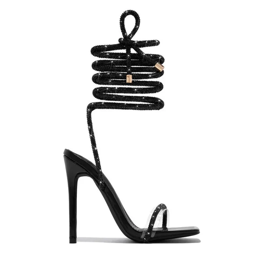 Women's Summer Rhinestone Gladiator Sandals – Lace-Up High Heels, Square Toe Party Shoes