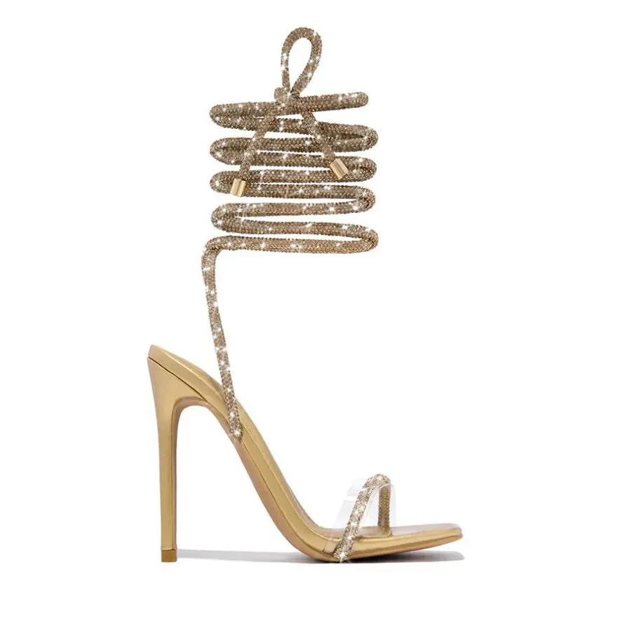 Women's Summer Rhinestone Gladiator Sandals – Lace-Up High Heels, Square Toe Party Shoes
