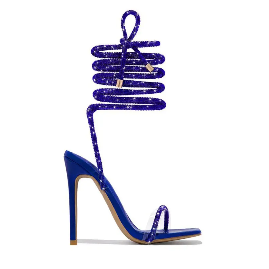 Women's Summer Rhinestone Gladiator Sandals – Lace-Up High Heels, Square Toe Party Shoes
