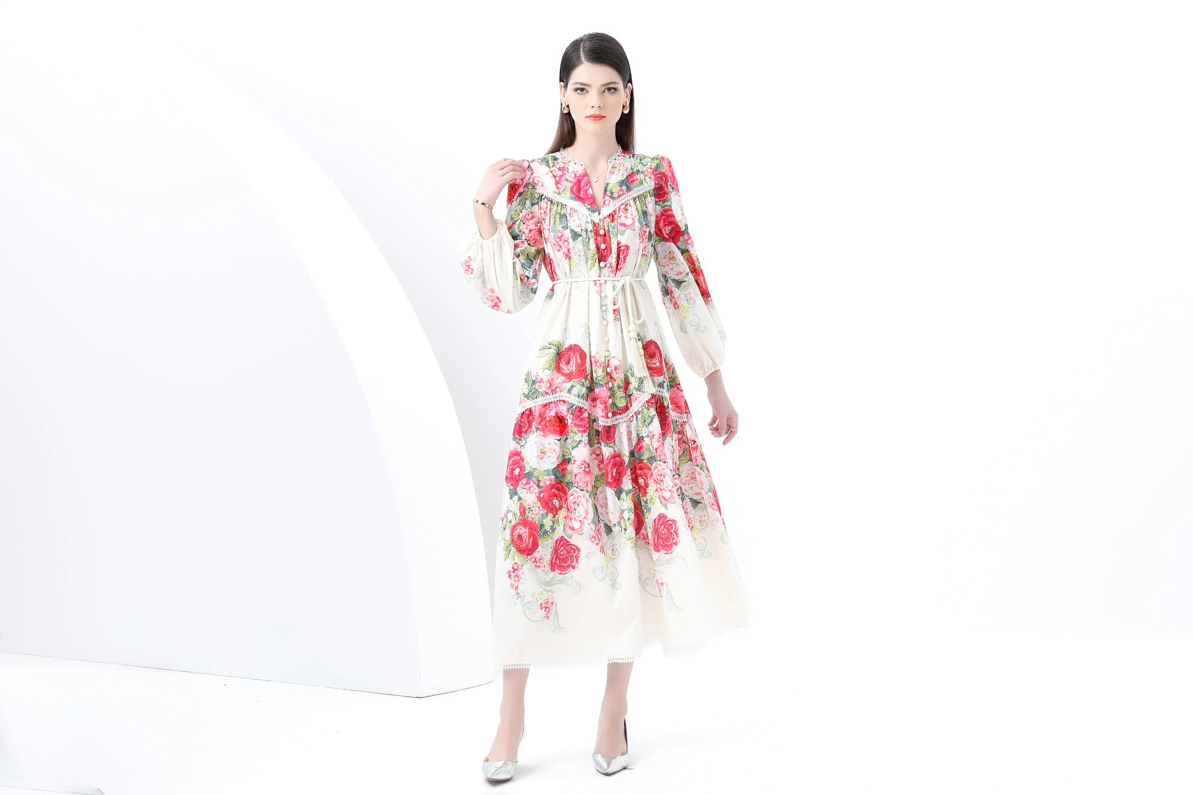 Women's V-Neck Lantern Sleeve Floral Print Maxi Dress