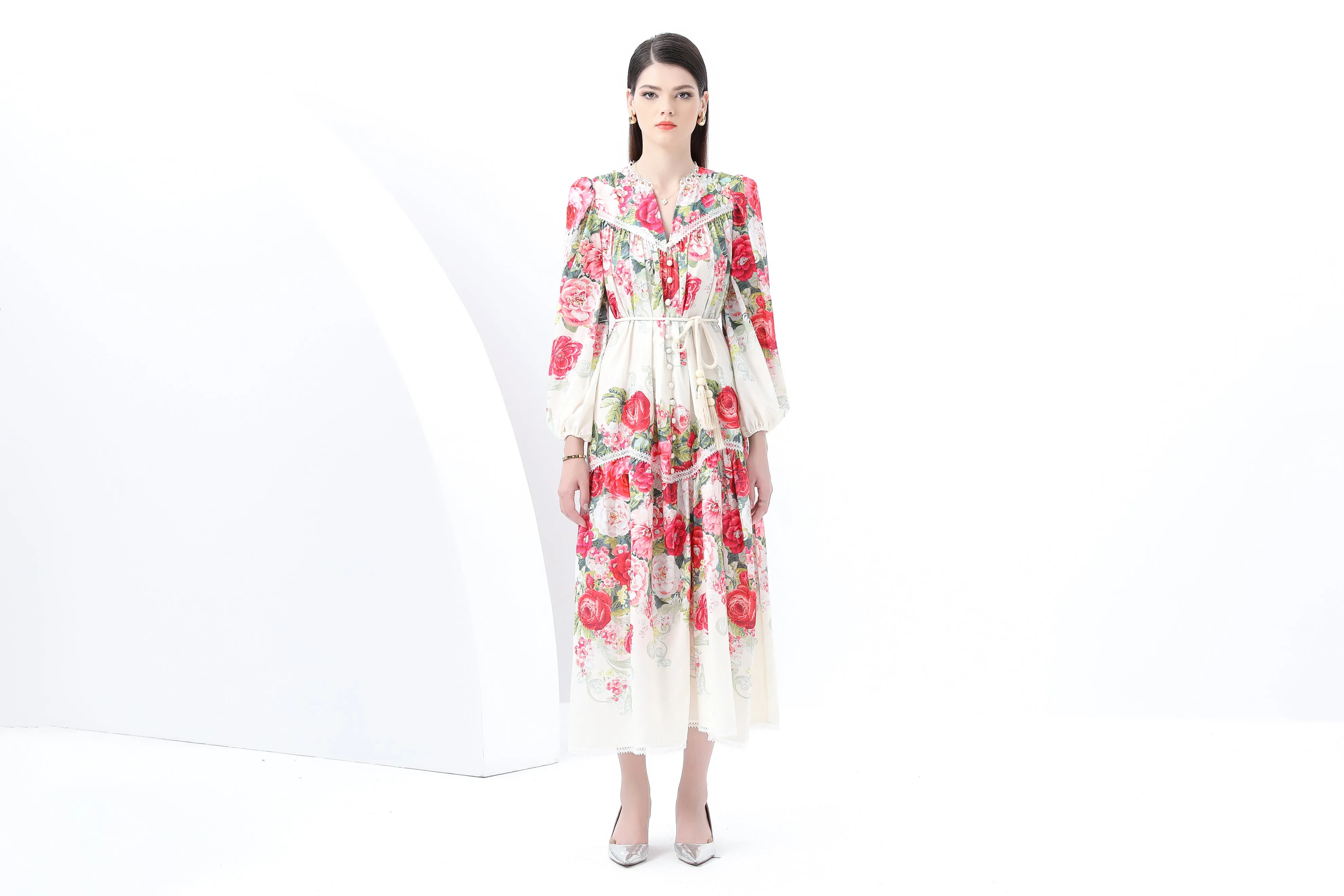 Women's V-Neck Lantern Sleeve Floral Print Maxi Dress