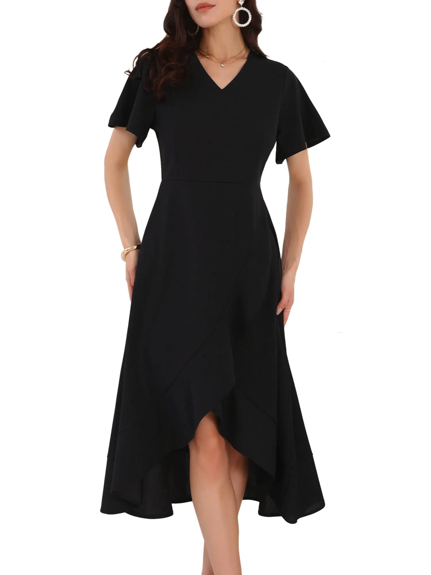 Women's Wedding Guest Dress Ruffles Split V Neck Cocktail Evening Flared Midi Dresses