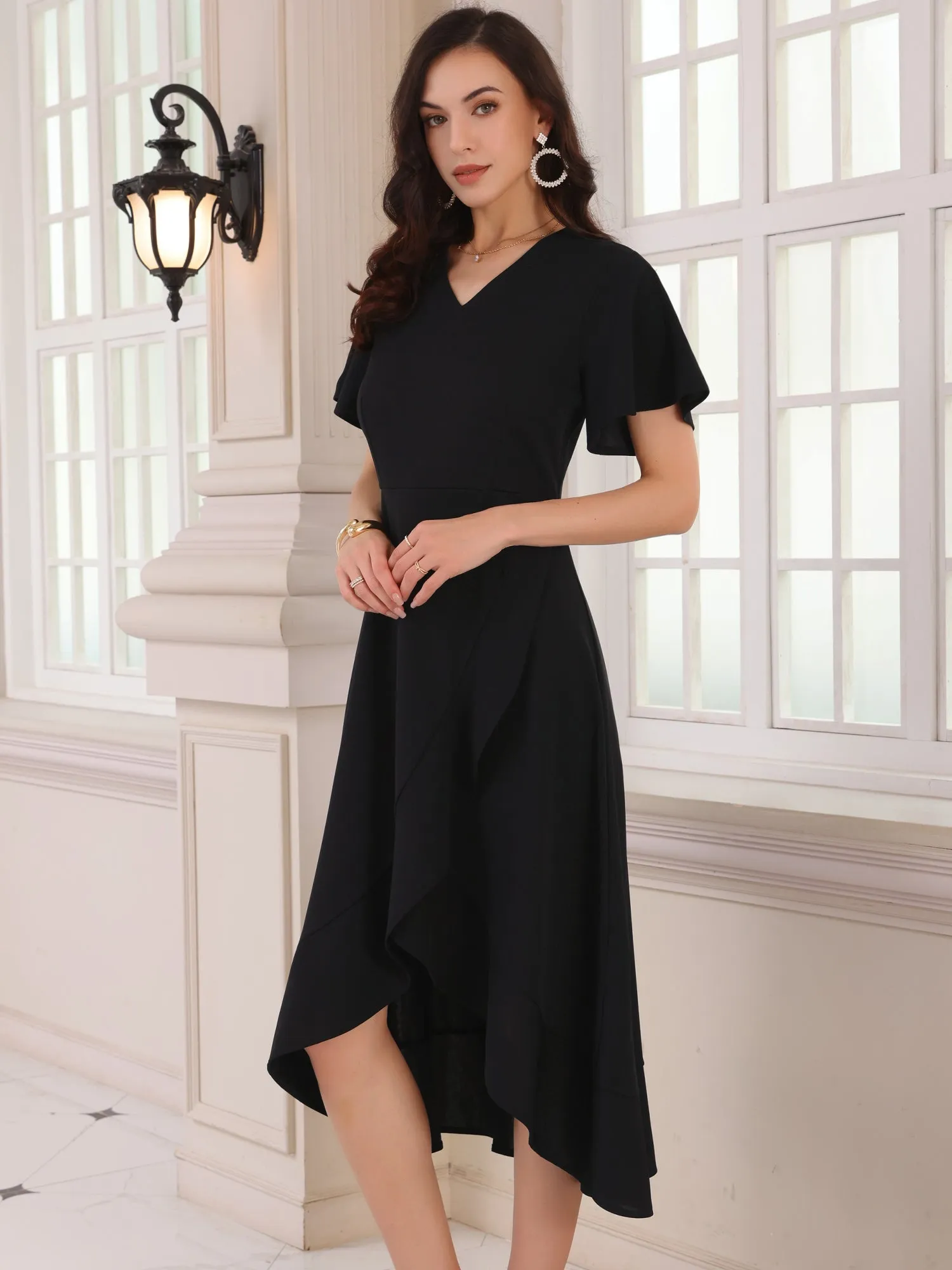 Women's Wedding Guest Dress Ruffles Split V Neck Cocktail Evening Flared Midi Dresses