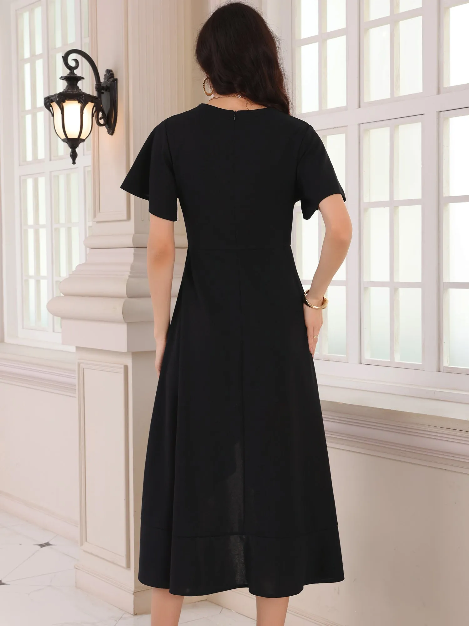 Women's Wedding Guest Dress Ruffles Split V Neck Cocktail Evening Flared Midi Dresses