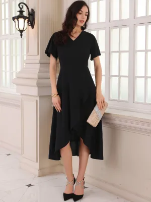 Women's Wedding Guest Dress Ruffles Split V Neck Cocktail Evening Flared Midi Dresses