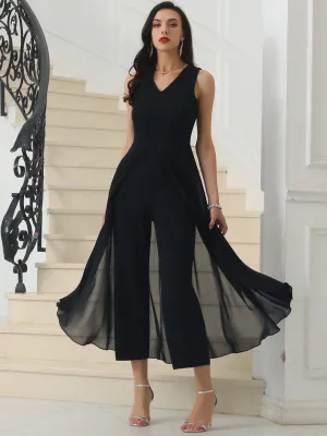 Women's Wide Leg Jumpsuits Chiffon V Neck Cocktail Sleeveless Jumpsuit