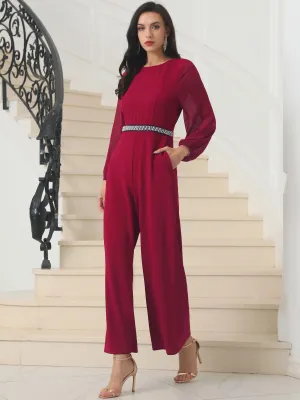Women's Wide Leg Pants Jumper Long Sheer Sleeve Cocktail Jumpsuits