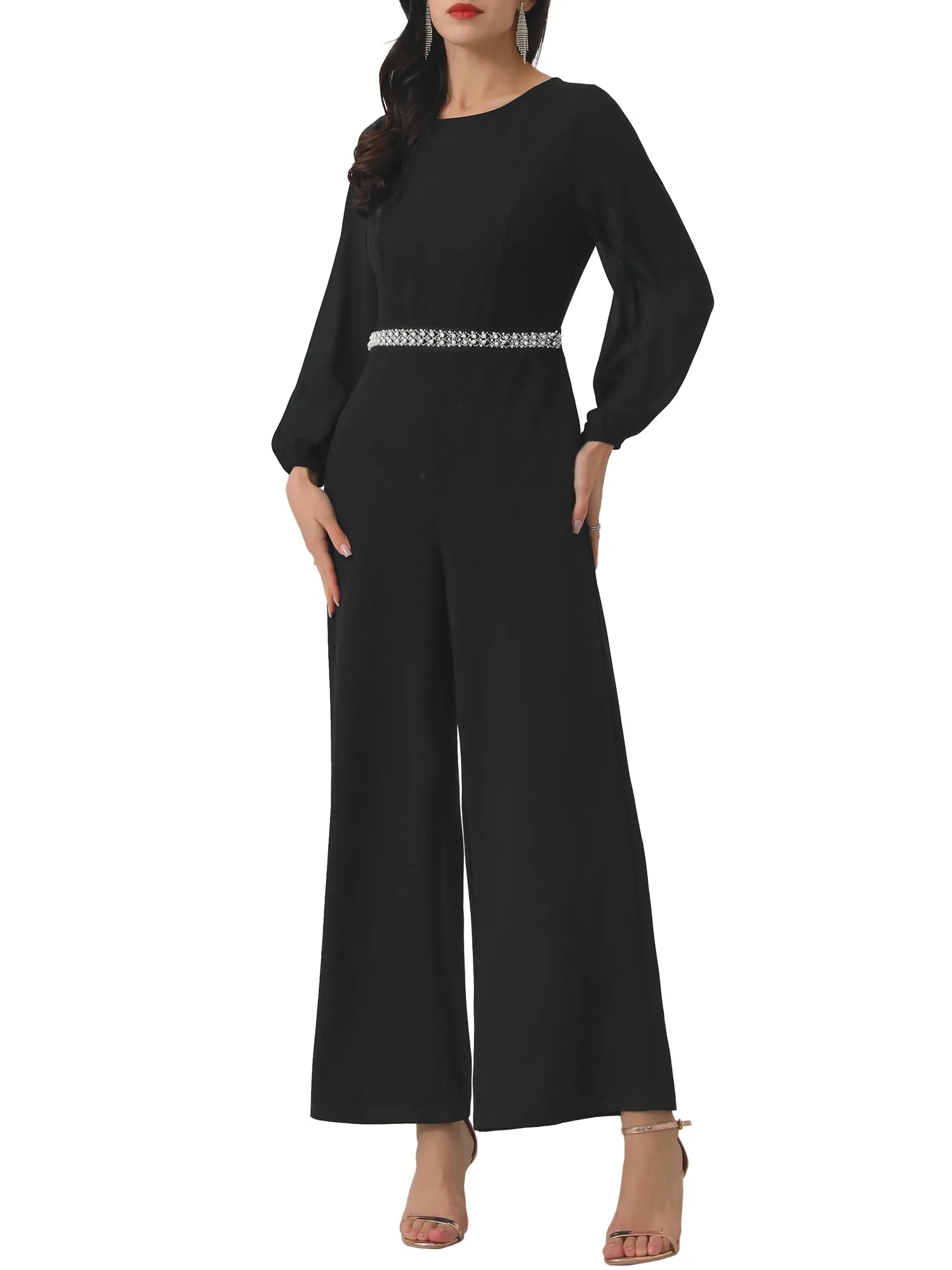 Women's Wide Leg Pants Jumper Long Sheer Sleeve Cocktail Jumpsuits