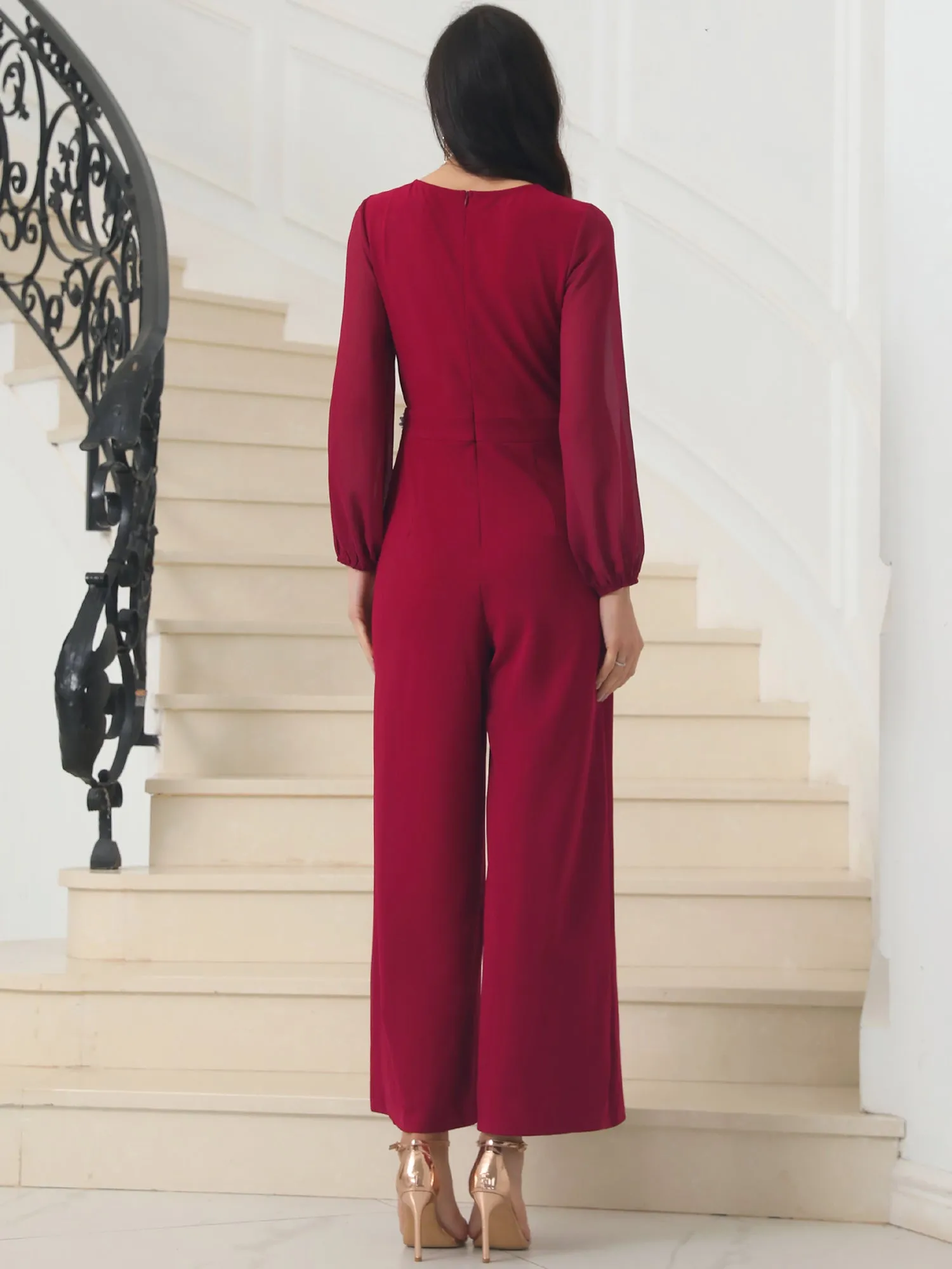 Women's Wide Leg Pants Jumper Long Sheer Sleeve Cocktail Jumpsuits