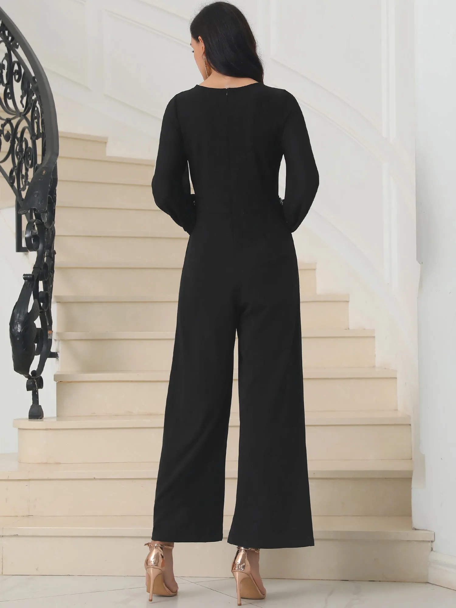 Women's Wide Leg Pants Jumper Long Sheer Sleeve Cocktail Jumpsuits
