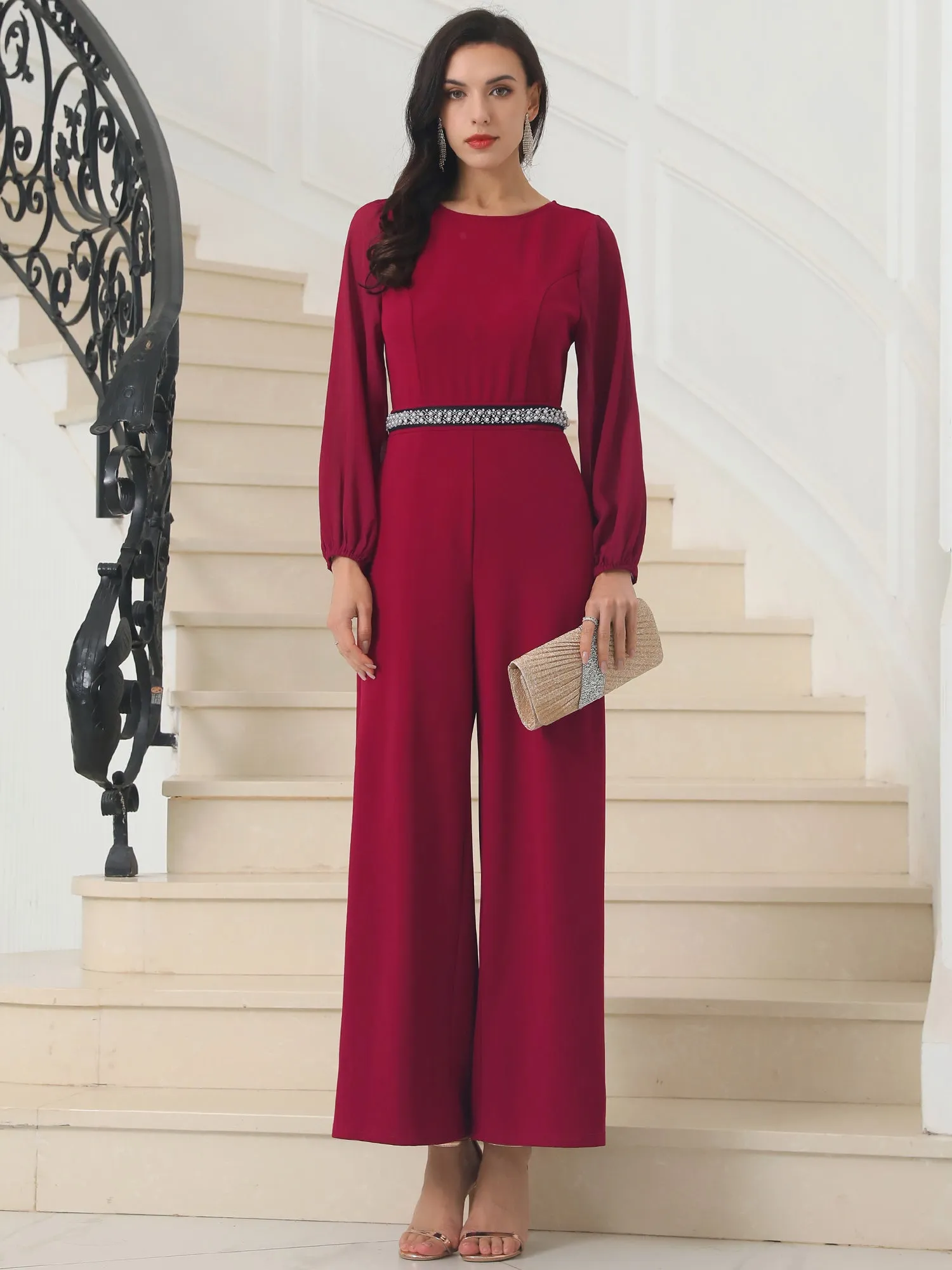 Women's Wide Leg Pants Jumper Long Sheer Sleeve Cocktail Jumpsuits