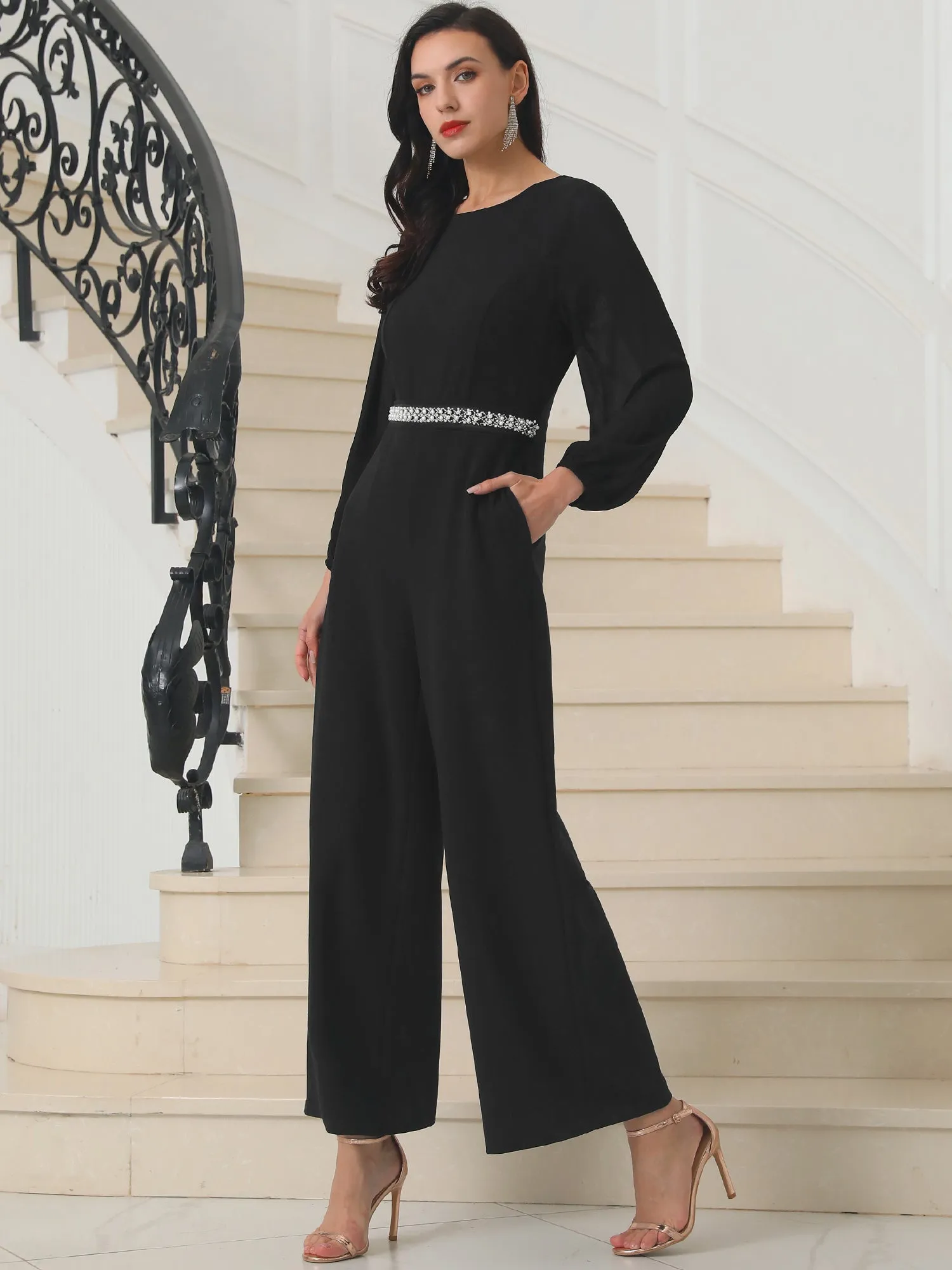 Women's Wide Leg Pants Jumper Long Sheer Sleeve Cocktail Jumpsuits