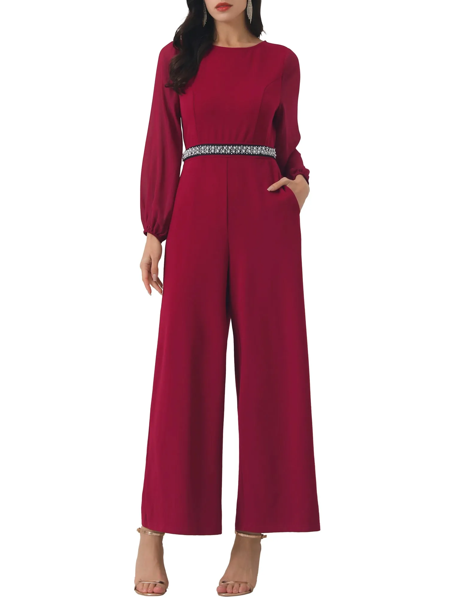 Women's Wide Leg Pants Jumper Long Sheer Sleeve Cocktail Jumpsuits