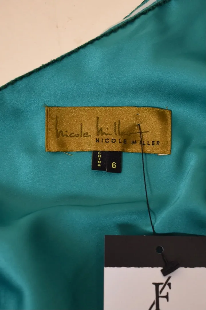Y2K one-shoulder teal silk dress by Nicole Miller, S/M