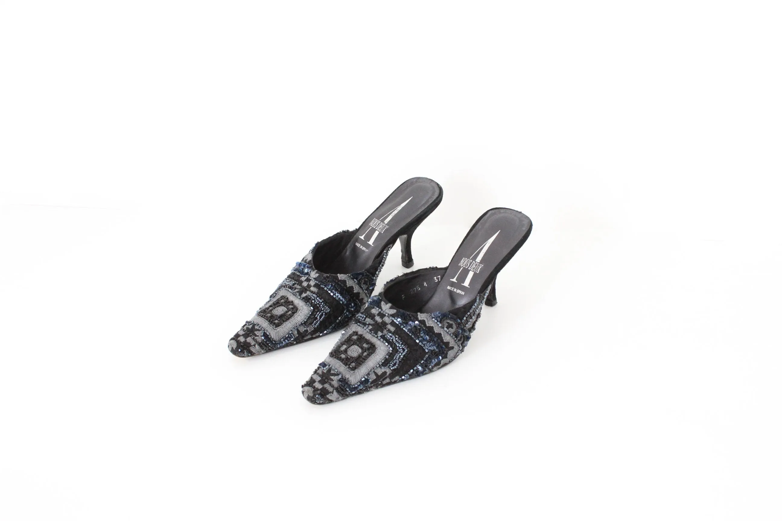 Y2K Spanish Beaded & Sequin Pointed Toe Kitten Heel Mules ~ Euro 38