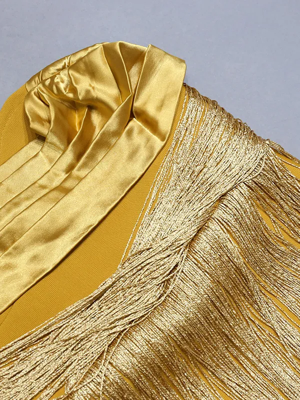 Yellow Ruffles Silk Tassel Trim Dress