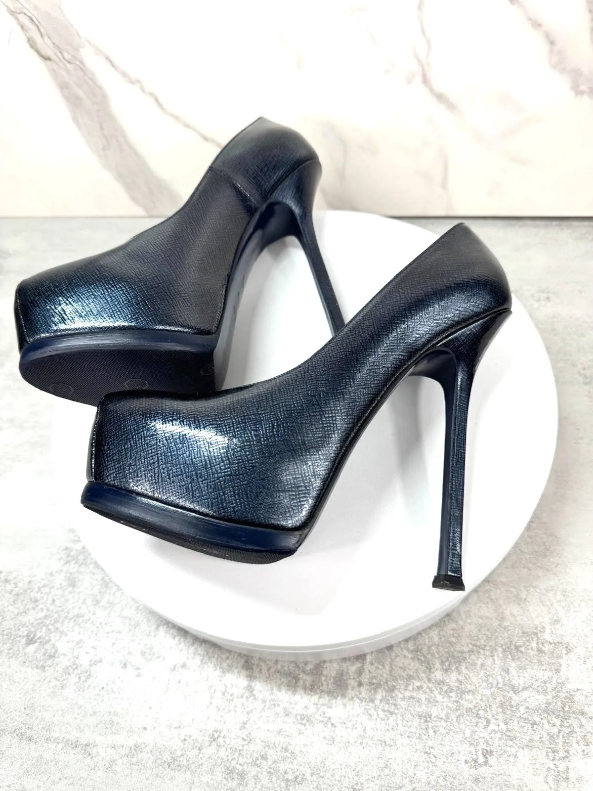 YSL TRIBUTE 120 PEBBLED LEATHER PLATFORM PUMPS
