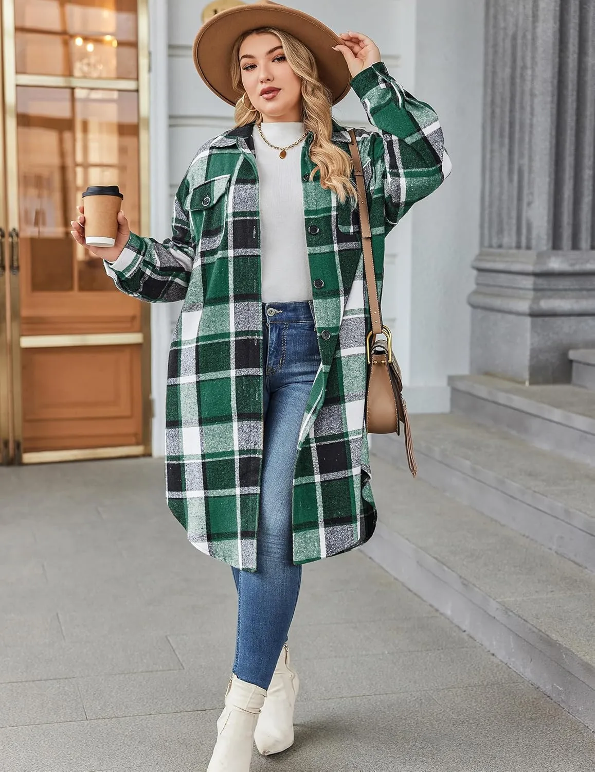 Zeagoo Womens Plus Size Flannel Plaid Button Down Shacket Jacket