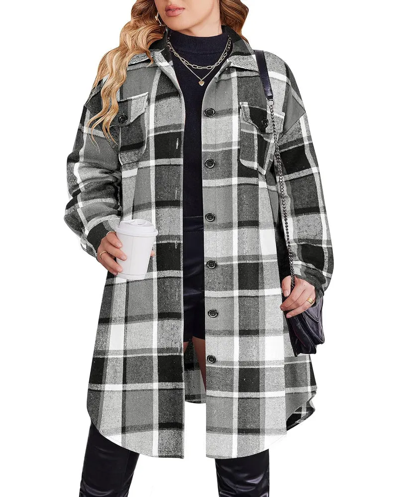 Zeagoo Womens Plus Size Flannel Plaid Button Down Shacket Jacket