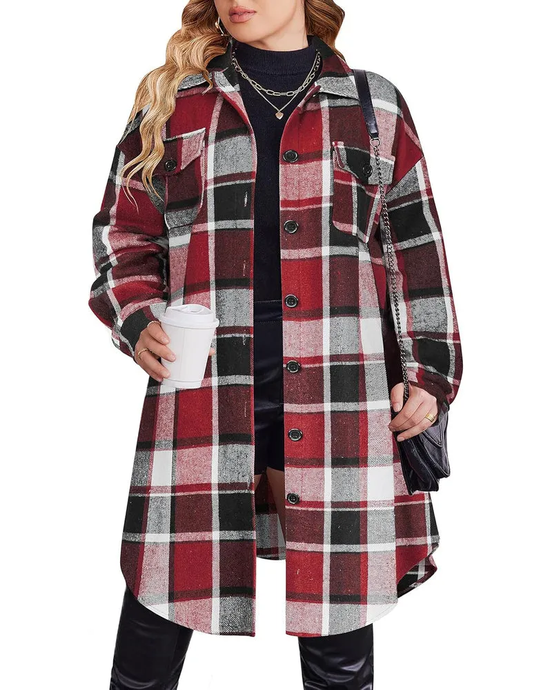 Zeagoo Womens Plus Size Flannel Plaid Button Down Shacket Jacket
