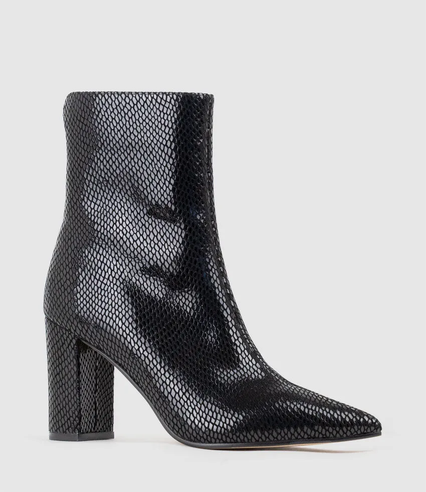 ZIARA85 Block Heel Ankle Boot in Black Snake Print Suede