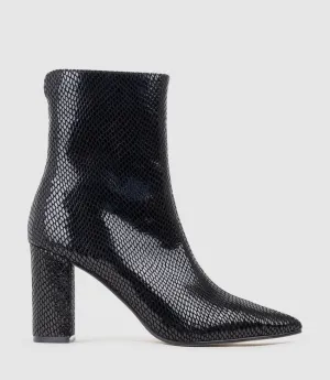 ZIARA85 Block Heel Ankle Boot in Black Snake Print Suede