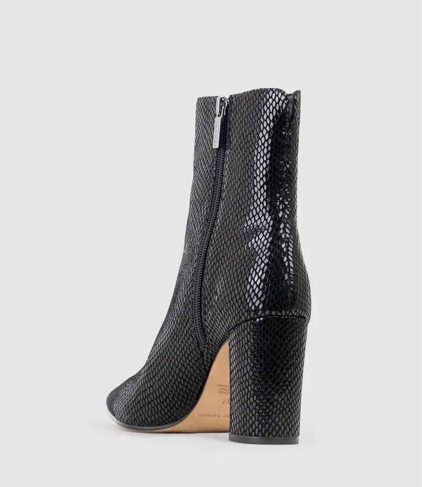 ZIARA85 Block Heel Ankle Boot in Black Snake Print Suede
