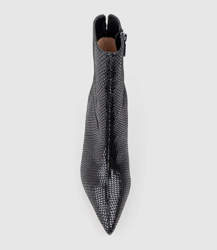 ZIARA85 Block Heel Ankle Boot in Black Snake Print Suede